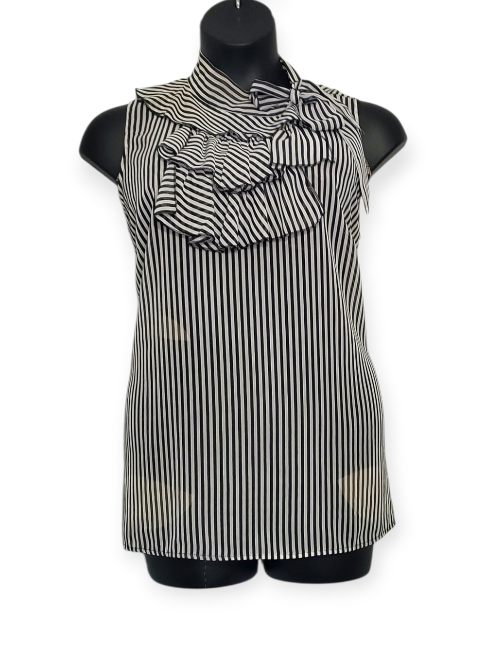 Ashley Stewart Black & White Vertical Stripe Ruffle Neck Sleeveless Camisole